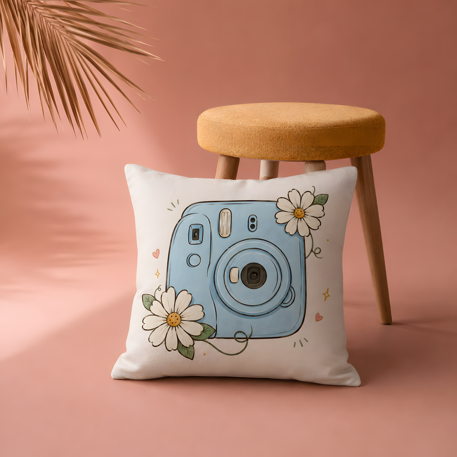 Vintage Blue Camera Floral Pillow