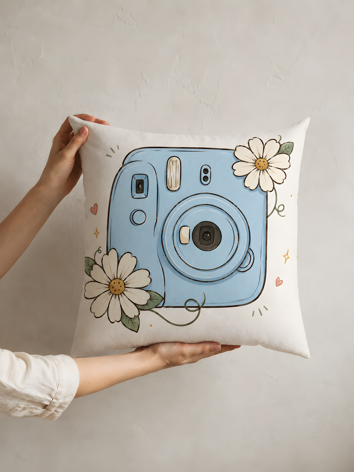 Vintage Blue Camera Floral Pillow