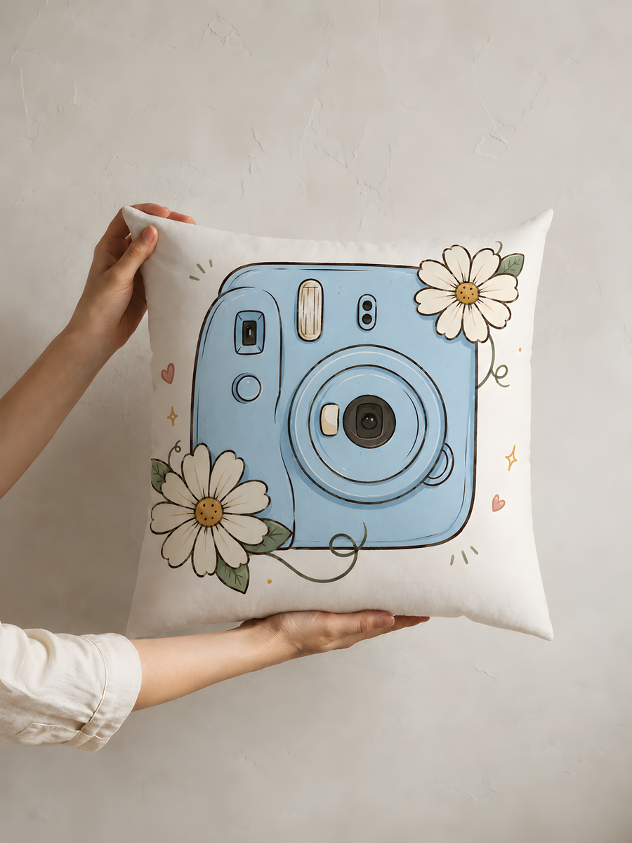 Vintage Blue Camera Floral Pillow