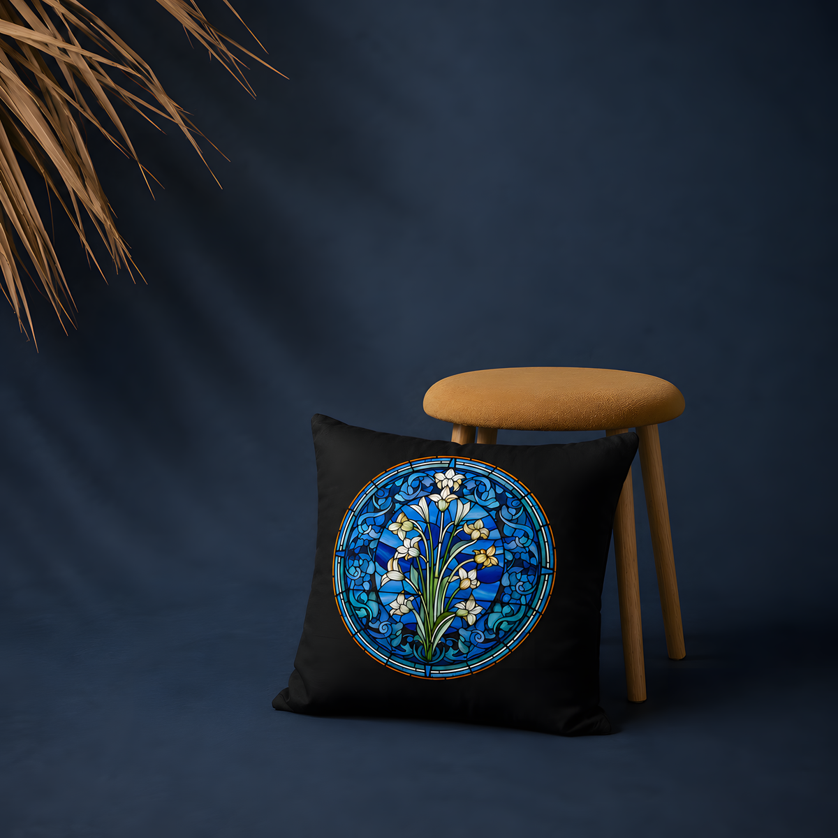 Blue Stained Glass Floral Pillow