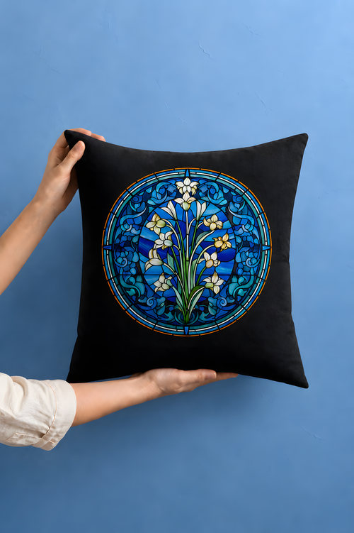 Blue Stained Glass Floral Pillow