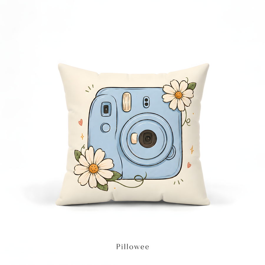 Vintage Blue Camera Floral Pillow